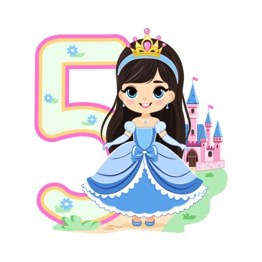 Mavi elbiseli, güzel gözlü ve beyaz arka planda 5 numara olan sevimli prenses. Mutlu yıllar konsepti. Tebrik kartı ya da davetiye için. Çizgi film tarzında vektör illüstrasyonu