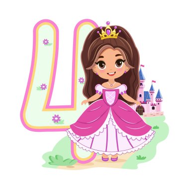 Pembe elbiseli, güzel gözlü ve beyaz arka planda 4 numara olan sevimli prenses. Mutlu yıllar konsepti. Tebrik kartı ya da davetiye için. Çizgi film tarzında vektör illüstrasyonu