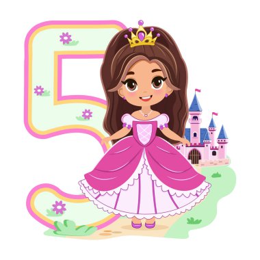 Pembe elbiseli, güzel gözlü ve beyaz arka planda 5 numara olan sevimli prenses. Mutlu yıllar konsepti. Tebrik kartı ya da davetiye için. Çizgi film tarzında vektör illüstrasyonu