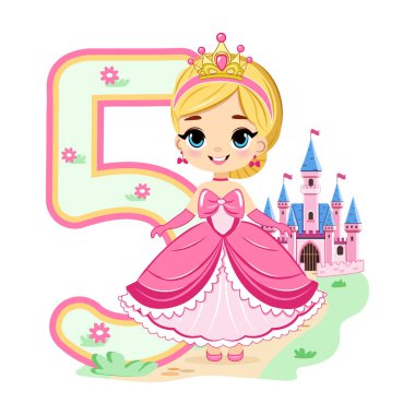 Pembe elbiseli, güzel gözlü ve beyaz arka planda 5 numara olan sevimli prenses. Mutlu yıllar konsepti. Tebrik kartı ya da davetiye için. Çizgi film tarzında vektör illüstrasyonu