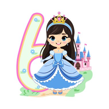 Mavi elbiseli, güzel gözlü ve beyaz arka planda 6 numaralı sevimli prenses. Mutlu yıllar konsepti. Tebrik kartı ya da davetiye için. Çizgi film tarzında vektör illüstrasyonu