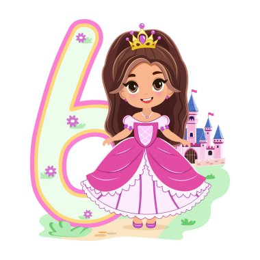 Pembe elbiseli, güzel gözlü ve beyaz arka planda 6 numaralı sevimli prenses. Mutlu yıllar konsepti. Tebrik kartı ya da davetiye için. Çizgi film tarzında vektör illüstrasyonu