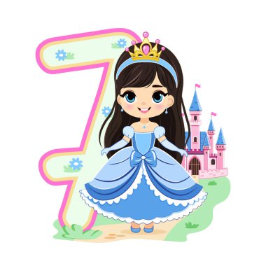 Mavi elbiseli, güzel gözlü ve beyaz arka planda 7 numara olan sevimli prenses. Mutlu yıllar konsepti. Tebrik kartı ya da davetiye için. Çizgi film tarzında vektör illüstrasyonu