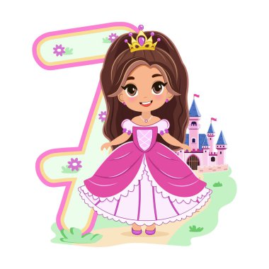 Pembe elbiseli, güzel gözlü şirin prenses ve beyaz arka planda 7 numara. Mutlu yıllar konsepti. Tebrik kartı ya da davetiye için. Çizgi film tarzında vektör illüstrasyonu