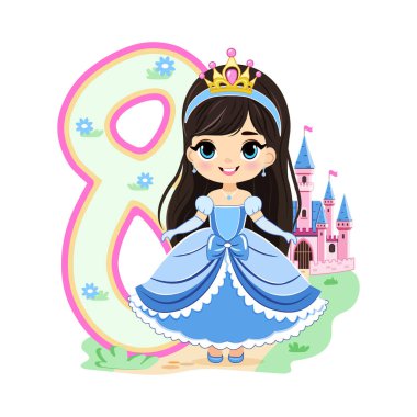 Mavi elbiseli, güzel gözlü ve beyaz arka planda 8 numara olan sevimli prenses. Mutlu yıllar konsepti. Tebrik kartı ya da davetiye için. Çizgi film tarzında vektör illüstrasyonu