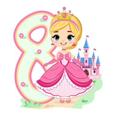 Pembe elbiseli, güzel gözlü şirin prenses ve beyaz arka planda 8 numara. Mutlu yıllar konsepti. Tebrik kartı ya da davetiye için. Çizgi film tarzında vektör illüstrasyonu