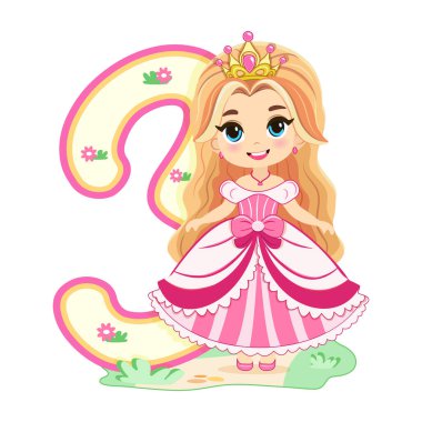 Pembe elbiseli, güzel gözlü ve beyaz arka planda 3 numaralı sevimli prenses. Mutlu yıllar konsepti. Tebrik kartı ya da davetiye için. Çizgi film tarzında vektör illüstrasyonu