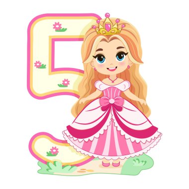 Pembe elbiseli, güzel gözlü ve beyaz arka planda 5 numara olan sevimli prenses. Mutlu yıllar konsepti. Tebrik kartı ya da davetiye için. Çizgi film tarzında vektör illüstrasyonu