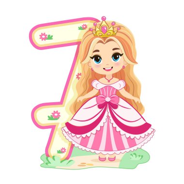 Pembe elbiseli, güzel gözlü şirin prenses ve beyaz arka planda 7 numara. Mutlu yıllar konsepti. Tebrik kartı ya da davetiye için. Çizgi film tarzında vektör illüstrasyonu