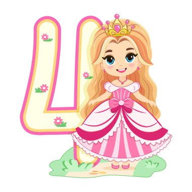 Pembe elbiseli, güzel gözlü ve beyaz arka planda 4 numara olan sevimli prenses. Mutlu yıllar konsepti. Tebrik kartı ya da davetiye için. Çizgi film tarzında vektör illüstrasyonu