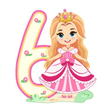 Pembe elbiseli, güzel gözlü ve beyaz arka planda 6 numaralı sevimli prenses. Mutlu yıllar konsepti. Tebrik kartı ya da davetiye için. Çizgi film tarzında vektör illüstrasyonu