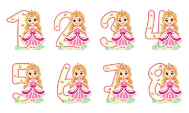 Beyaz arka planda pembe elbiseli güzel prenses kız figürleri. Mutlu yıllar konsepti. Çizgi film tarzında vektör illüstrasyonu