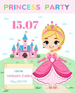 Doğum günü partisi için davetiye şablonu. Şirin prenses bir masal kalesinin önünde duruyor. Poster, Banner, Flyer, tebrik kartı. Çizgi film tarzında vektör illüstrasyonu.