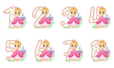 Beyaz arka planda pembe elbiseli güzel prenses kız figürleri. Mutlu yıllar konsepti. Çizgi film tarzında vektör illüstrasyonu