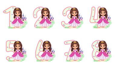 Beyaz arka planda pembe elbiseli güzel prenses kız figürleri. Mutlu yıllar konsepti. Çizgi film tarzında vektör illüstrasyonu