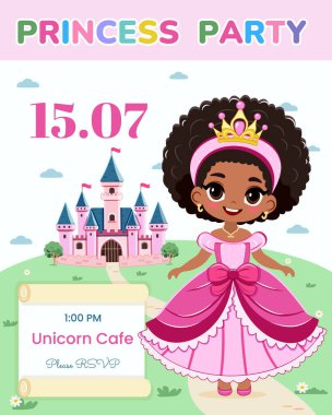 Doğum günü partisi için davetiye şablonu. Şirin prenses bir masal kalesinin önünde duruyor. Poster, Banner, Flyer, tebrik kartı. Çizgi film tarzında vektör illüstrasyonu.