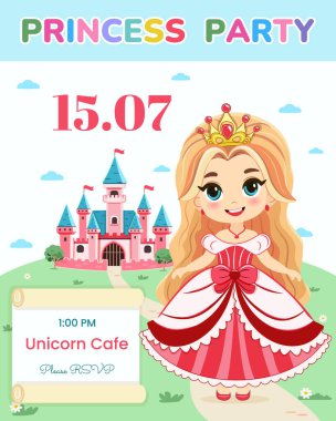 Doğum günü partisi için davetiye şablonu. Şirin prenses bir masal kalesinin önünde duruyor. Poster, Banner, Flyer, tebrik kartı. Çizgi film tarzında vektör illüstrasyonu.