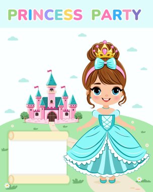 Doğum günü partisi için davetiye şablonu. Şirin prenses bir masal kalesinin önünde duruyor. Poster, Banner, Flyer, tebrik kartı. Çizgi film tarzında vektör illüstrasyonu.
