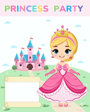 Doğum günü partisi için davetiye şablonu. Şirin prenses bir masal kalesinin önünde duruyor. Poster, Banner, Flyer, tebrik kartı. Çizgi film tarzında vektör illüstrasyonu.