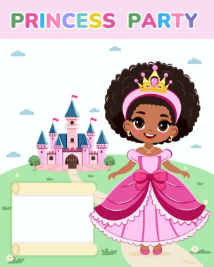Doğum günü partisi için davetiye şablonu. Şirin prenses bir masal kalesinin önünde duruyor. Poster, Banner, Flyer, tebrik kartı. Çizgi film tarzında vektör illüstrasyonu.