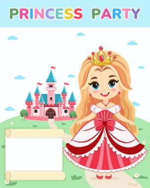 Doğum günü partisi için davetiye şablonu. Şirin prenses bir masal kalesinin önünde duruyor. Poster, Banner, Flyer, tebrik kartı. Çizgi film tarzında vektör illüstrasyonu.