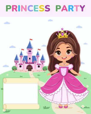 Doğum günü partisi için davetiye şablonu. Şirin prenses bir masal kalesinin önünde duruyor. Poster, Banner, Flyer, tebrik kartı. Çizgi film tarzında vektör illüstrasyonu.
