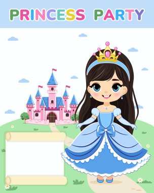 Doğum günü partisi için davetiye şablonu. Şirin prenses bir masal kalesinin önünde duruyor. Poster, Banner, Flyer, tebrik kartı. Çizgi film tarzında vektör illüstrasyonu.