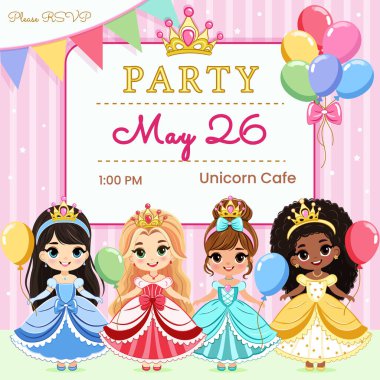 Farklı şirin prensesler ve renkli balonlarla doğum günü prenses partisi için davetiye. Şablon, Poster, Banner, Flyer, Tebrik Kartı. Çizgi film tarzında vektör illüstrasyonu.