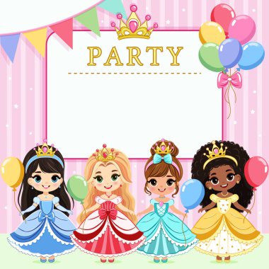 Farklı şirin prensesler ve renkli balonlarla doğum günü prenses partisi için davetiye. Şablon, Poster, Banner, Flyer, Tebrik Kartı. Çizgi film tarzında vektör illüstrasyonu.