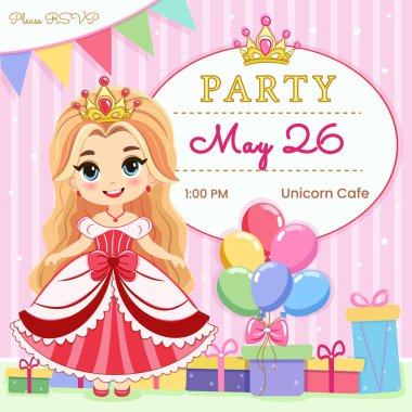 Tatlı prensesin, hediyelerin ve renkli balonların olduğu mutlu yıllar partisi için davetiye. Şablon, Poster, Banner, Flyer, Tebrik Kartı. Çizgi film tarzında vektör illüstrasyonu.