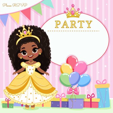Şirin siyah prenses, hediyeler ve renkli balonlarla doğum günü partisi için davetiye. Şablon, Poster, Banner, Flyer, Tebrik Kartı. Çizgi film tarzında vektör illüstrasyonu.