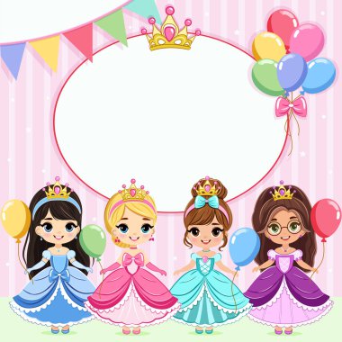 Farklı şirin prensesler ve renkli balonlarla doğum günü prenses partisi için davetiye. Şablon, Poster, Banner, Flyer, Tebrik Kartı. Çizgi film tarzında vektör illüstrasyonu.