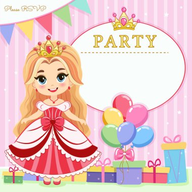 Tatlı prensesin, hediyelerin ve renkli balonların olduğu mutlu yıllar partisi için davetiye. Şablon, Poster, Banner, Flyer, Tebrik Kartı. Çizgi film tarzında vektör illüstrasyonu.