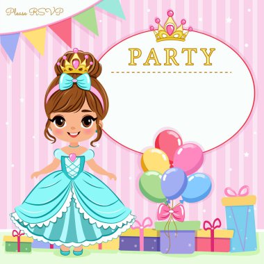 Tatlı prensesin, hediyelerin ve renkli balonların olduğu mutlu yıllar partisi için davetiye. Şablon, Poster, Banner, Flyer, Tebrik Kartı. Çizgi film tarzında vektör illüstrasyonu.