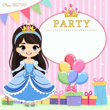 Tatlı prensesin, hediyelerin ve renkli balonların olduğu mutlu yıllar partisi için davetiye. Şablon, Poster, Banner, Flyer, Tebrik Kartı. Çizgi film tarzında vektör illüstrasyonu.