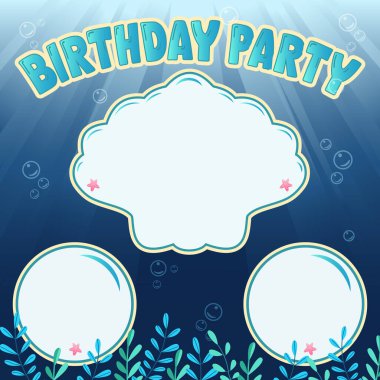 Deniz kabuğu ve incili doğum günü partisi davetiyesi. Düz çizgi film tarzında Vektör İllüstrasyonu