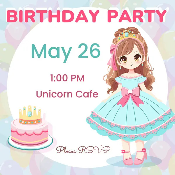 Mutlu yıllar partisi için davetiye. Mavi elbiseli ve altın taclı güzel gözlü şirin prenses. Çizgi film tarzında vektör illüstrasyonu