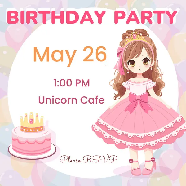 Mutlu yıllar partisi için davetiye. Pembe elbiseli ve altın tacı olan güzel gözlü şirin prenses. Çizgi film tarzında vektör illüstrasyonu