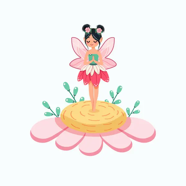 Beyaz arka planda çiçekli elbisesi olan sevimli ve mütevazı orman perisi. Poster, Banner, Flyer, tebrik kartı. Çizgi film tarzında vektör illüstrasyonu