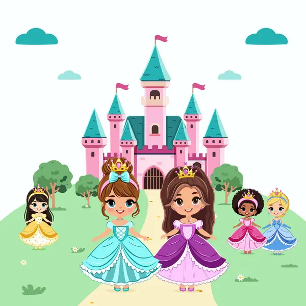 Güzel gözleri ve altın tacı olan şirin küçük prensesler kalenin önünde duruyor. Poster, Banner, Flyer, tebrik kartı. Çizgi film tarzında vektör illüstrasyonu