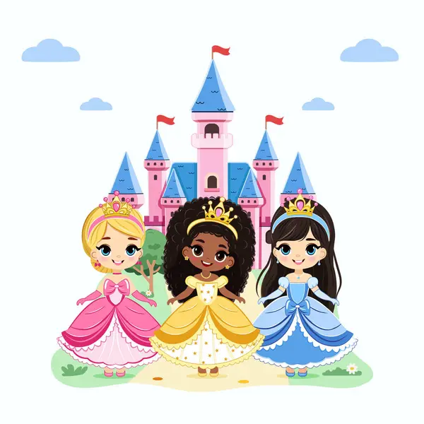 Güzel gözleri ve altın tacı olan şirin küçük prensesler kalenin önünde duruyor. Poster, Banner, Flyer, tebrik kartı. Çizgi film tarzında vektör illüstrasyonu
