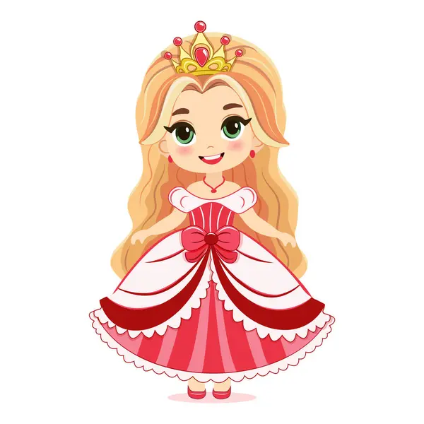 Kırmızı elbiseli ve altın taclı güzel gözlü şirin küçük prenses. Beyaz arkaplanda izole et, vektör illüstrasyonuName