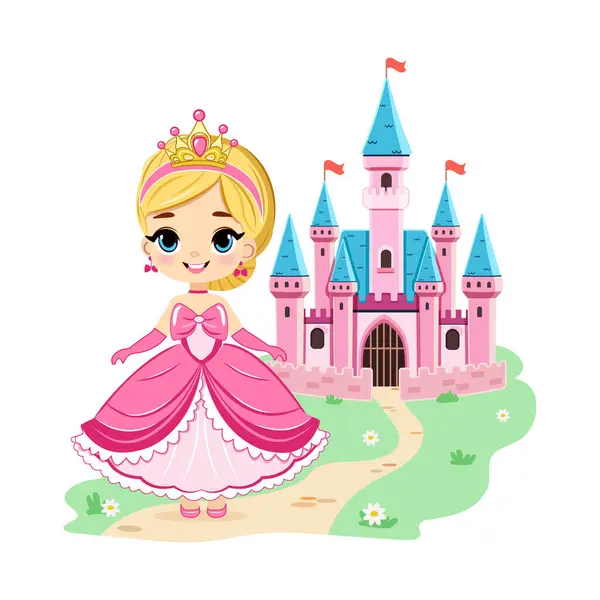 Güzel gözleri ve altın tacı olan şirin küçük prenses kalenin önünde duruyor. Poster, Banner, Flyer, tebrik kartı. Çizgi film tarzında vektör illüstrasyonu