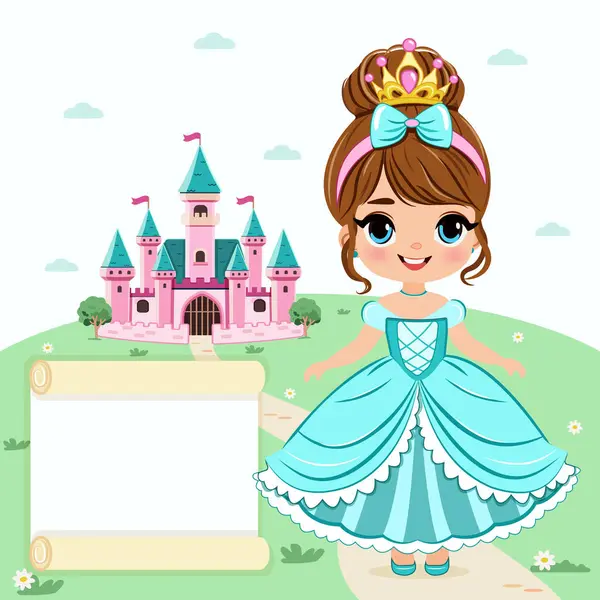Şablon, güzel gözlü ve altın tacı kalenin önünde duran küçük şirin prensese ait. Poster, Banner, Flyer, tebrik kartı. Çizgi film tarzında vektör illüstrasyonu