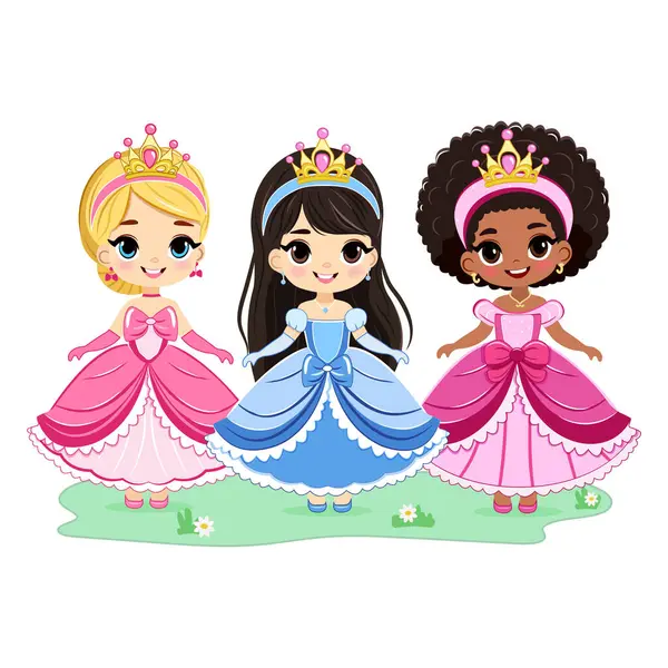 Farklı uluslardan şirin güzel gözleri ve altın tacı olan küçük prenses. Beyaz arkaplanda izole et, vektör illüstrasyonuName