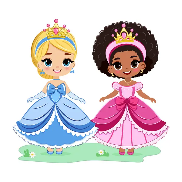 Farklı uluslardan şirin güzel gözleri ve altın tacı olan küçük prenses. Beyaz arkaplanda izole et. Poster, Banner, Flyer, tebrik kartı. Çizgi film tarzında vektör illüstrasyonu
