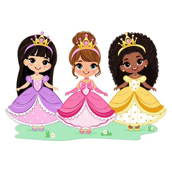 Farklı uluslardan şirin güzel gözleri ve altın tacı olan küçük prenses. Beyaz arkaplanda izole et. Poster, Banner, Flyer, tebrik kartı. Çizgi film tarzında vektör illüstrasyonu