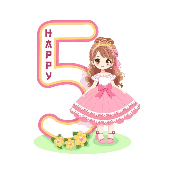 Pembe elbiseli, güzel gözlü ve beyaz arka planda 5 numara olan sevimli prenses. Mutlu yıllar konsepti. Tebrik kartı ya da davetiye için. Çizgi film tarzında vektör illüstrasyonu