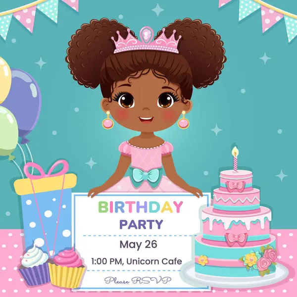 Doğum günü partisi için davetiye şablonu. Pembe elbiseli ve tacı olan güzel gözlü şirin prenses. Poster, Banner, Flyer, tebrik kartı. Çizgi film tarzında vektör illüstrasyonu.