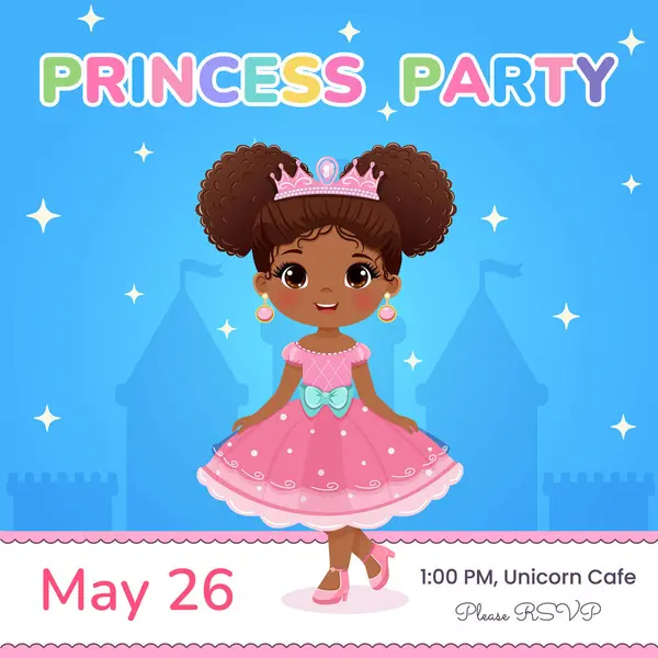 Doğum günü partisi için davetiye şablonu. Pembe elbiseli ve tacı olan güzel gözlü şirin prenses. Poster, Banner, Flyer, tebrik kartı. Çizgi film tarzında vektör illüstrasyonu.